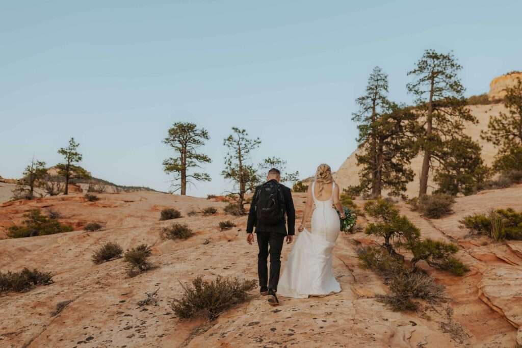 A bride and groom are hiking on top of a canyon in Zion National Park
