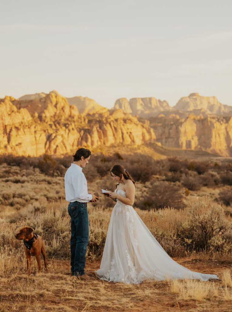 A bride and groom sharing their private vows near Zion National Park