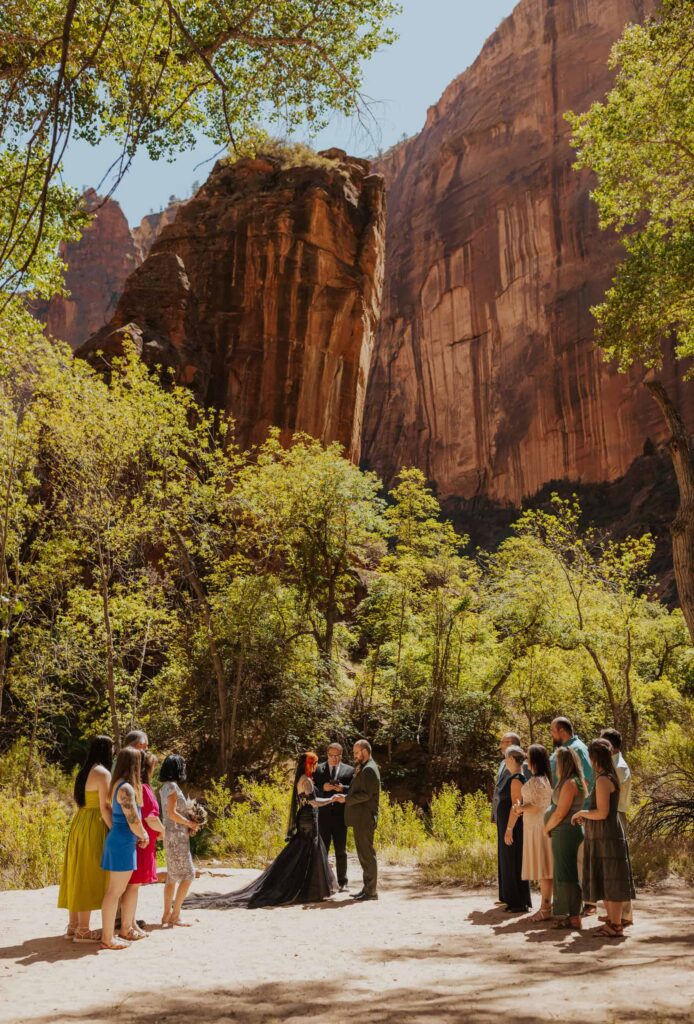 An elopement ceremony taking place in Zion National Park. 